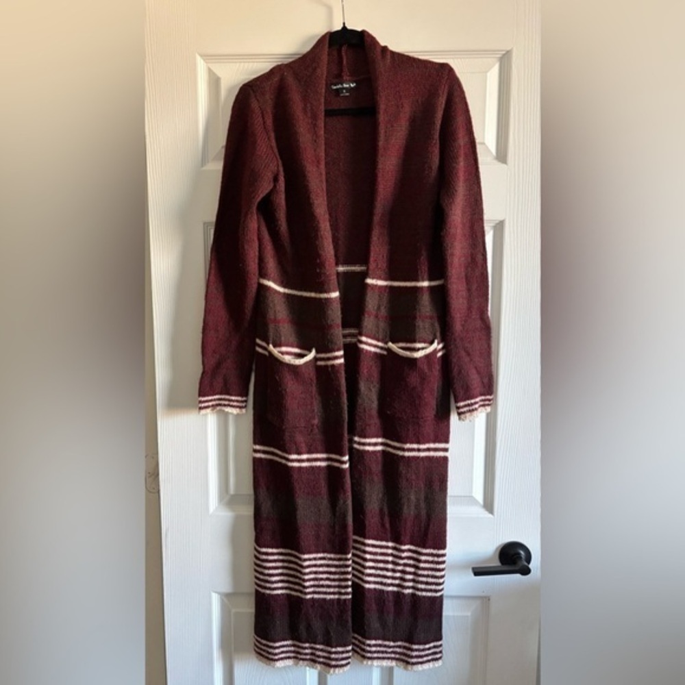 Double Zero Maroon /Brown and Ivory Striped Maxi Cardigan
